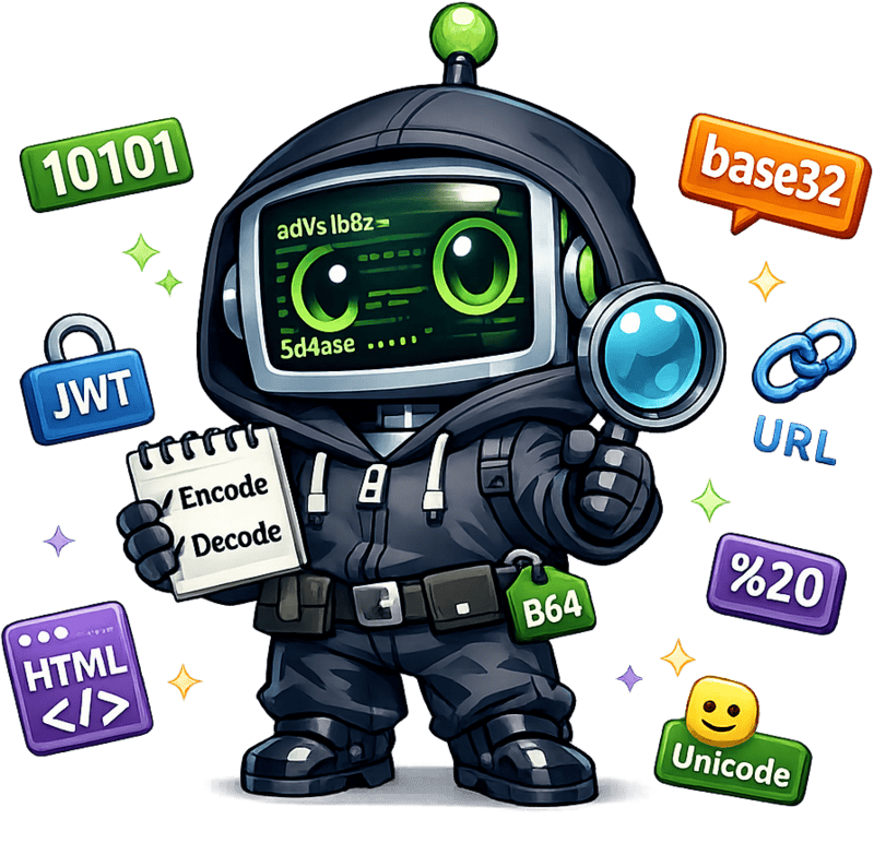 encode-decode.org mascot, a hooded robot surrounded by encoding format badges